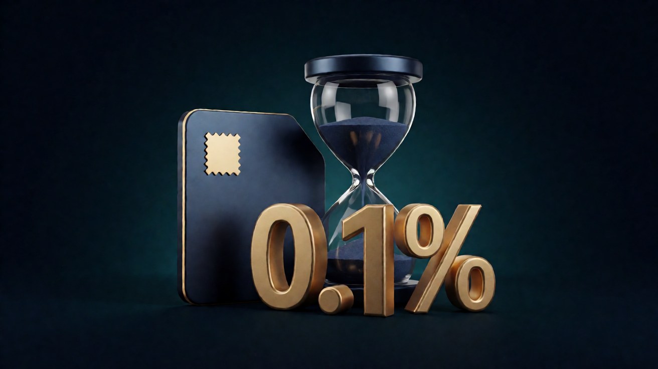 Denda Adapundi Berapa Persen: Jawaban OJK + Cara Hitung Manual 2 Hourglass emas dengan satu kartu dokumen navy, 0,1 persen tampil sebagai gold sculptural 3D form