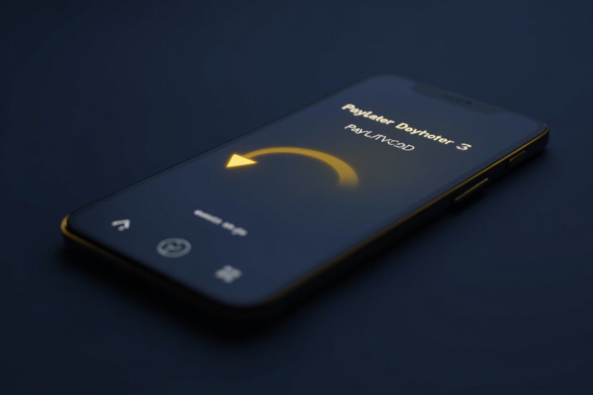 Modern 3D fintech illustration of a smartphone screen showing a downward arrow on a paylater limit i