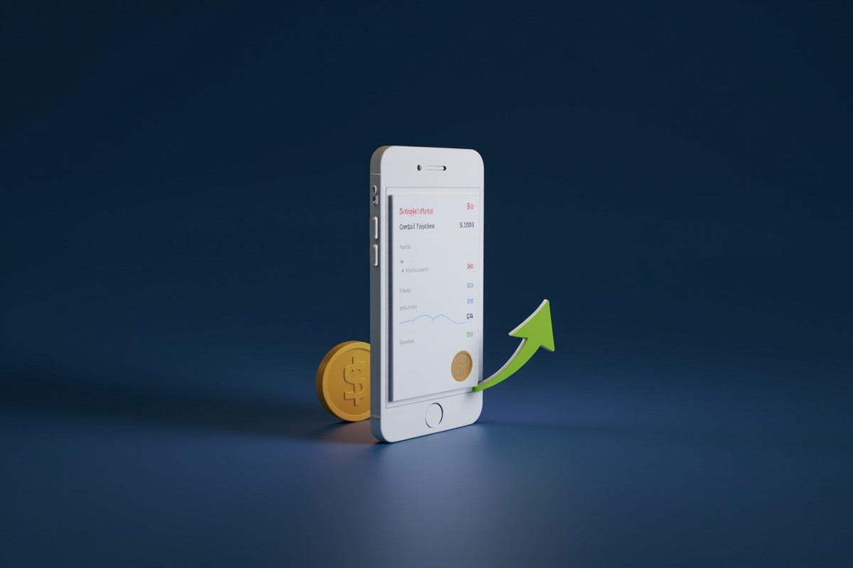 Modern 3D fintech illustration of a smartphone showing a paylater bill that has visibly ballooned la