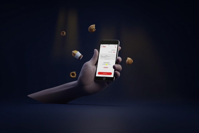Modern 3D fintech illustration of a hand-held smartphone with QRIS payment screen and small everyday
