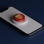 Modern 3D fintech illustration of a smartphone showing a loan app with a prominent warning shield ic