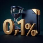 Hourglass emas dengan tumpukan tiga kartu dokumen navy yang menampilkan 0,1 persen sebagai angka 3D gold sculptural