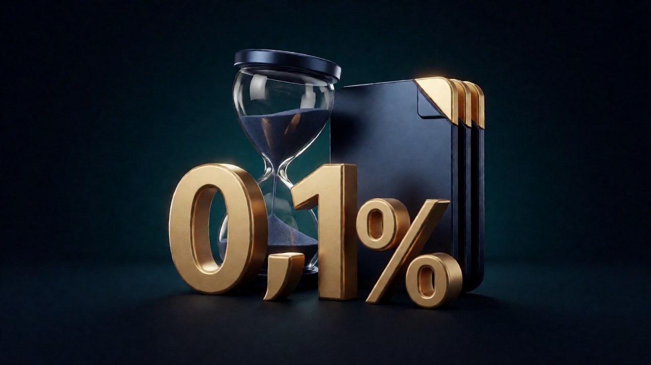 Denda Adapundi Berapa Persen: Jawaban OJK + Cara Hitung Manual 1 Hourglass emas dengan tumpukan tiga kartu dokumen navy yang menampilkan 0,1 persen sebagai angka 3D gold sculptural
