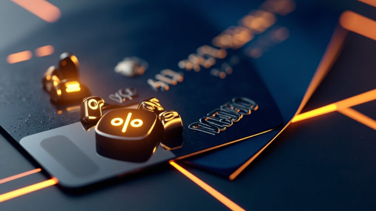 Kalkulator dan kartu kredit dengan simbol persentase di atas latar gelap navy