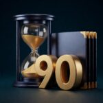 hourglass dengan gold sand dan folder stack, dark navy background 3D