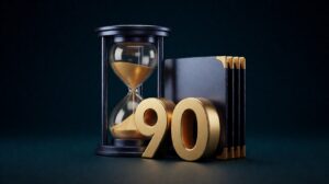 hourglass dengan gold sand dan folder stack, dark navy background 3D