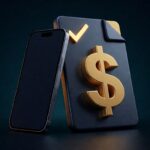 smartphone navy dengan dokumen dan gold currency symbol, dark navy 3D