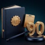 Document folder AFPI gold seal dengan gold 90 sculptural number, dark navy gradient background