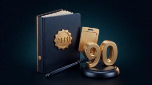 Document folder AFPI gold seal dengan gold 90 sculptural number, dark navy gradient background