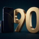 3D smartphone navy dengan gold 90 sculptural number, dark navy gradient background