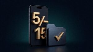 Smartphone dengan formulir keringanan Indodana, folder dokumen dengan centang emas, dan angka 5 sampai 15 persen sebagai elemen fokal