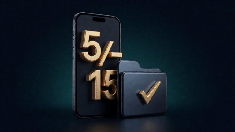 Smartphone dengan formulir keringanan Indodana, folder dokumen dengan centang emas, dan angka 5 sampai 15 persen sebagai elemen fokal