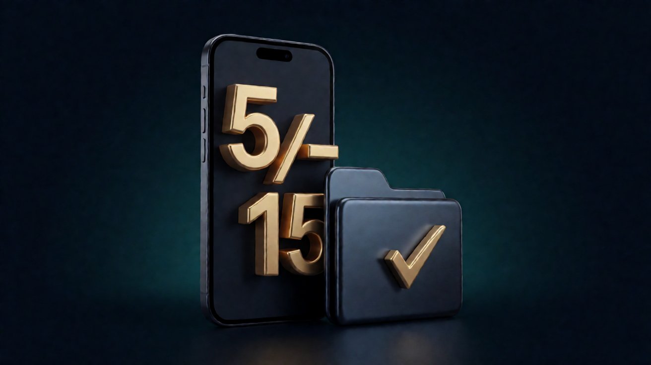 Smartphone dengan formulir keringanan Indodana, folder dokumen dengan centang emas, dan angka 5 sampai 15 persen sebagai elemen fokal