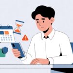 Ilustrasi peminjam yang khawatir melihat tagihan keterlambatan di smartphone