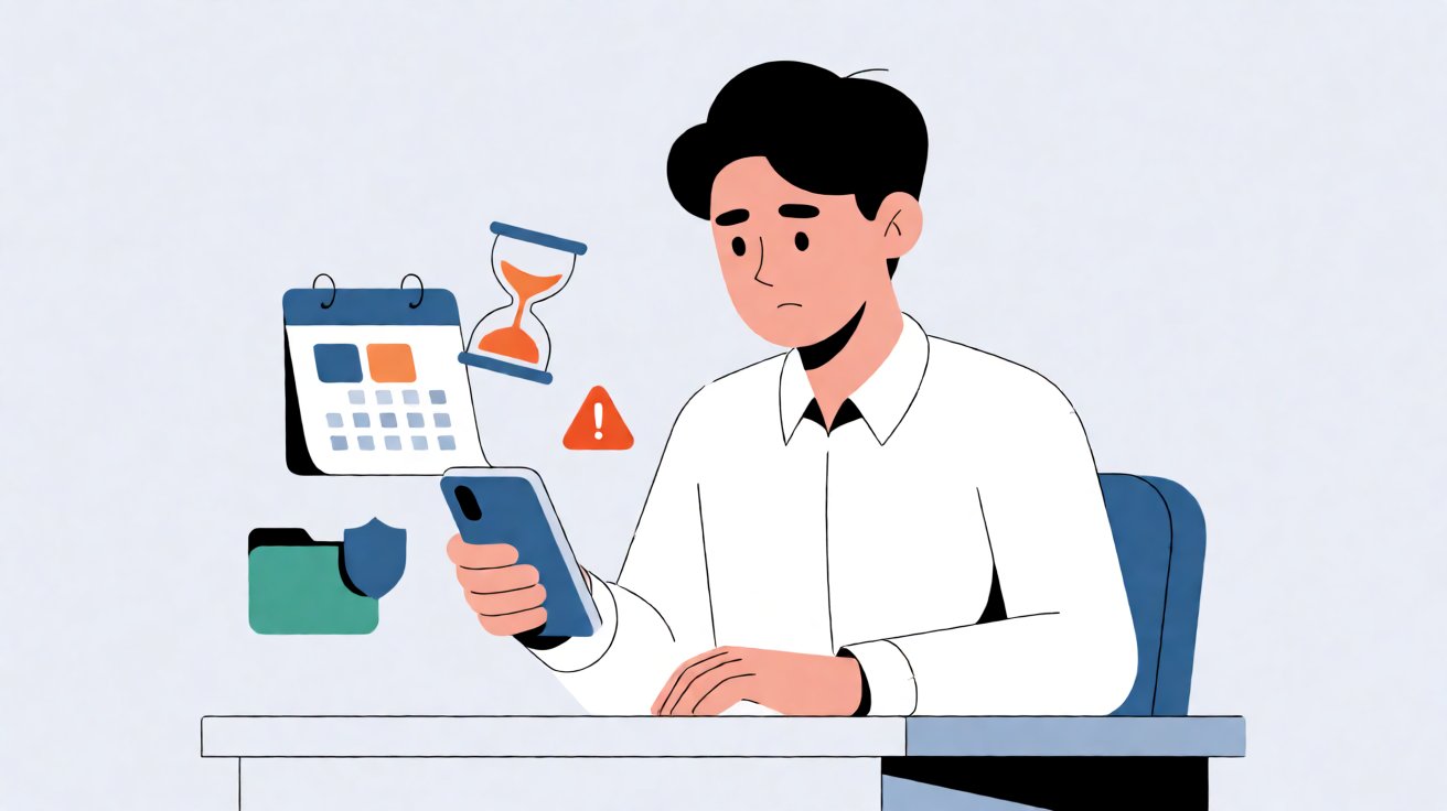 Ilustrasi peminjam yang khawatir melihat tagihan keterlambatan di smartphone