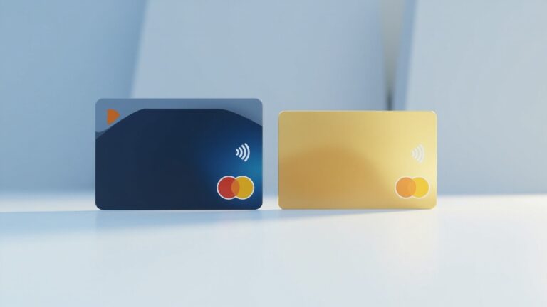 Ilustrasi perbandingan paylater dan kartu kredit dengan dua opsi pembayaran pada latar gradasi biru navy